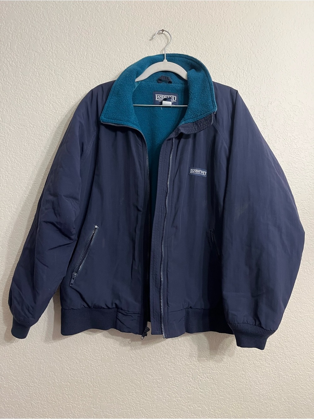 Vintage 90s Land's End Navy Bomber “Squall” Jacket with Teal Fleece Interior